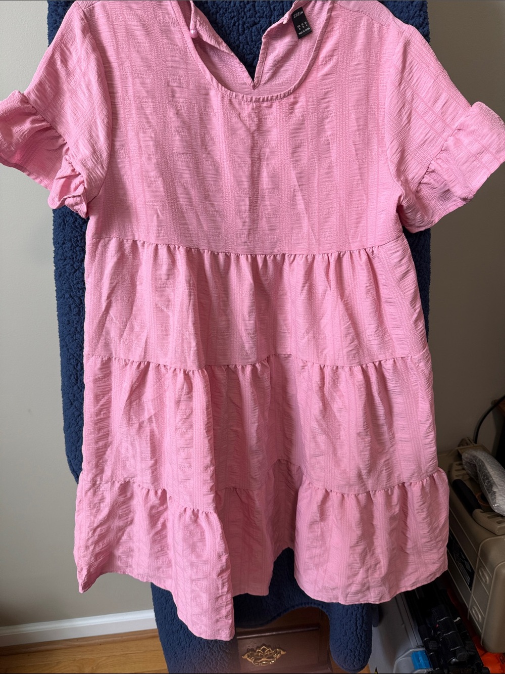 SHEIN Pink Tiered Short Sleeve Babydoll Dress (71)